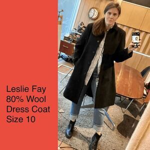Vintage Y2K Leslie Fay Black Wool Mid-length Coat Jacket Size 10, Minimalist